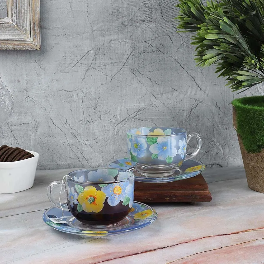 Summer Floral Print Yellow & Blue Translucent Tea Cups With Saucers Set Of 6