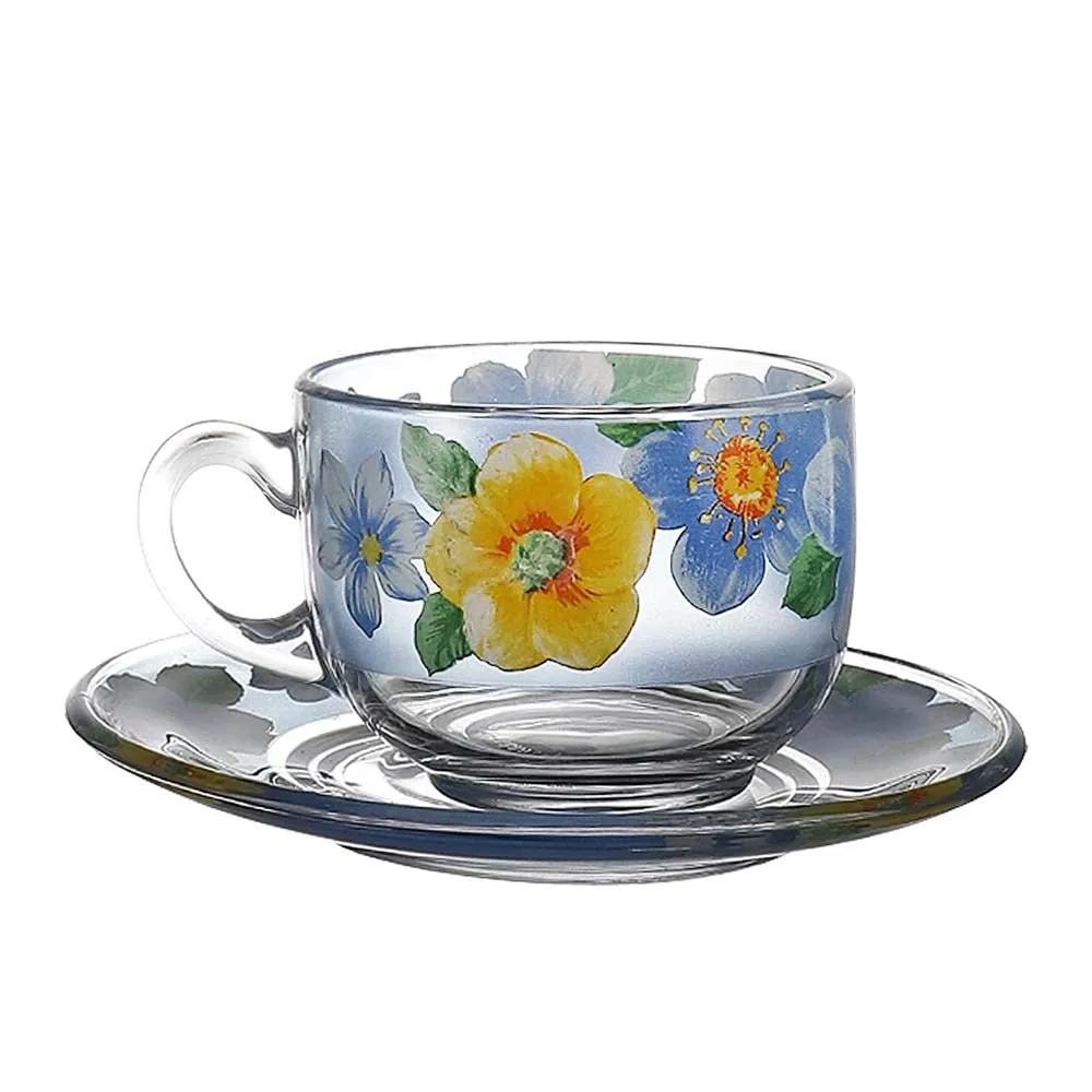 Summer Floral Print Yellow & Blue Translucent Tea Cups With Saucers Set Of 6