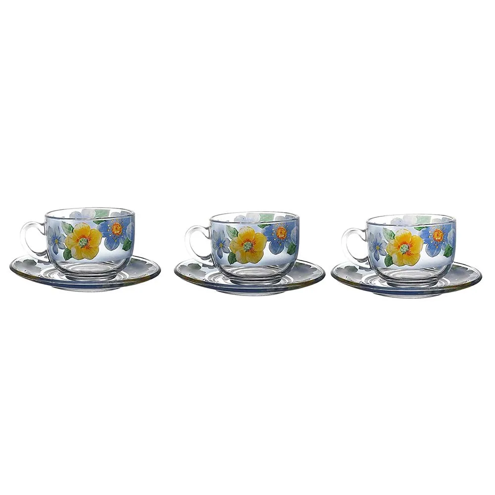 Summer Floral Print Yellow & Blue Translucent Tea Cups With Saucers Set Of 6