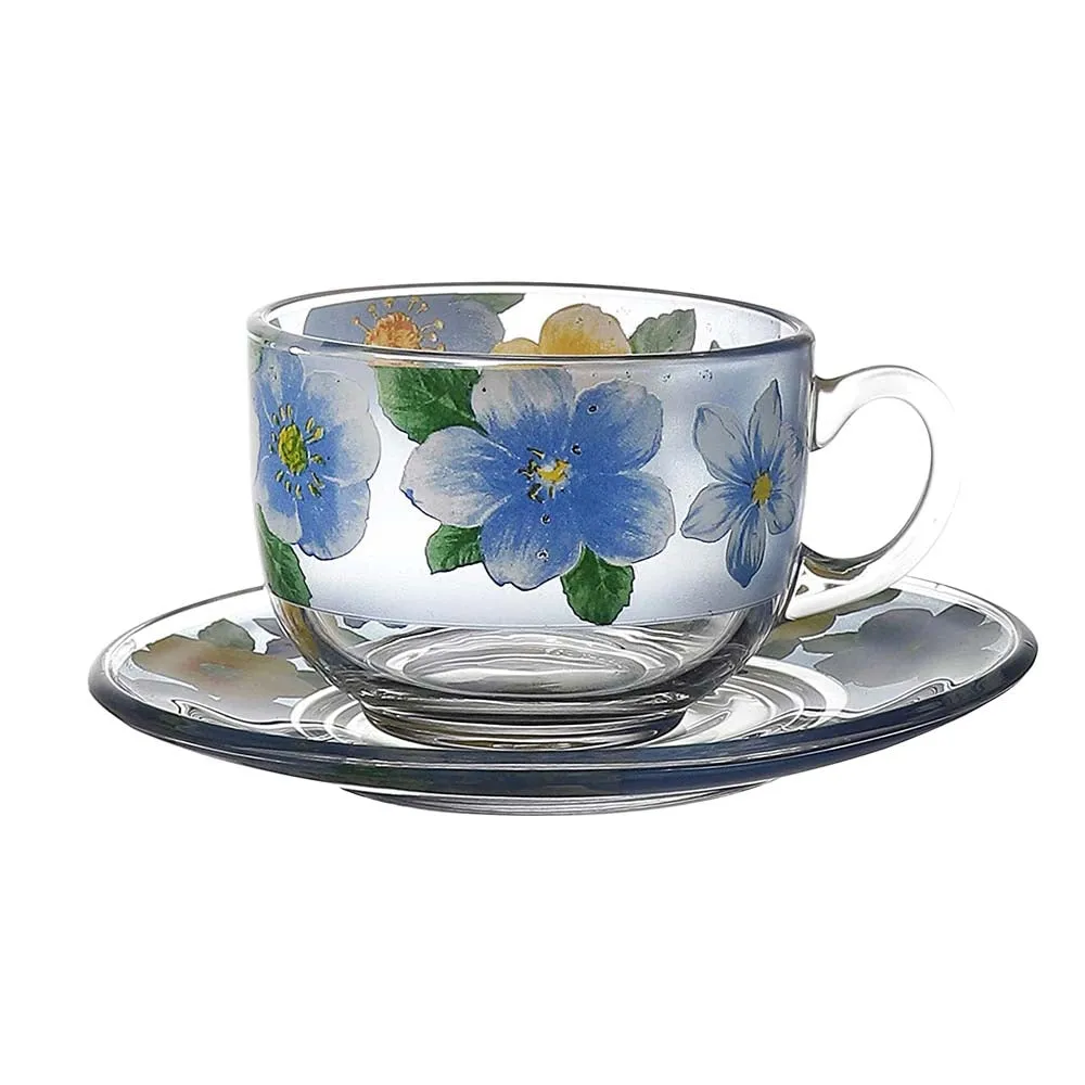 Summer Floral Print Yellow & Blue Translucent Tea Cups With Saucers Set Of 6
