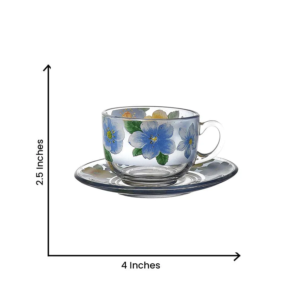 Summer Floral Print Yellow & Blue Translucent Tea Cups With Saucers Set Of 6