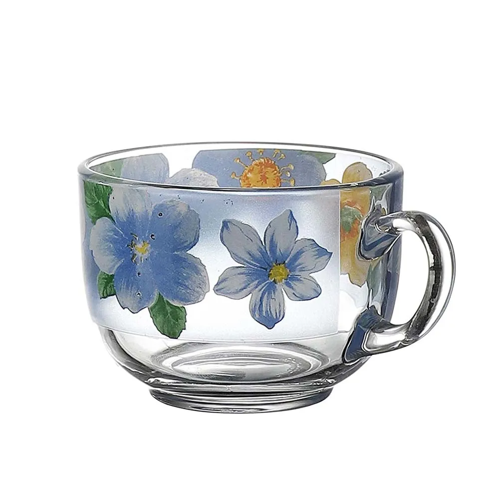 Summer Floral Print Yellow & Blue Translucent Tea Cups With Saucers Set Of 6