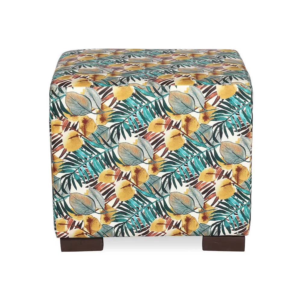 Summer Vibes Square Printed Pink Ottoman/Pouffe With Wooden Legs