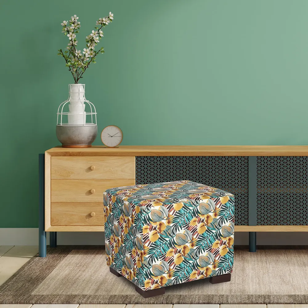 Summer Vibes Square Printed Pink Ottoman/Pouffe With Wooden Legs