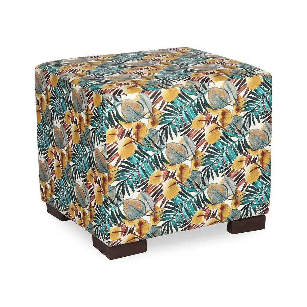 Summer Vibes Square Printed Pink Ottoman/Pouffe With Wooden Legs