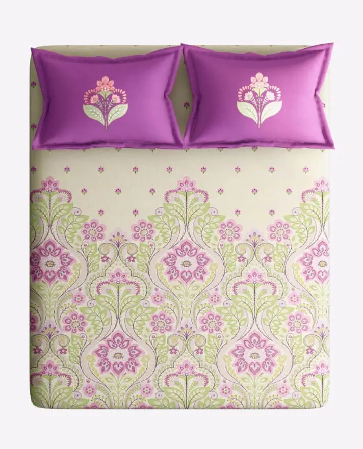 Super Soft Floral Printed Magnum Cotton King Size Bedsheet with 2 Pillow Covers - 300 Thread Count (Purple)