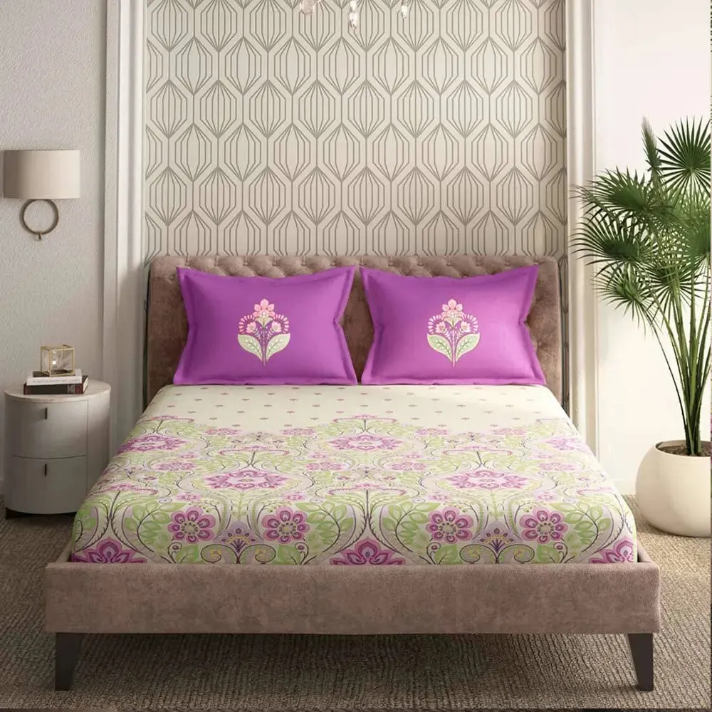 Super Soft Floral Printed Magnum Cotton King Size Bedsheet with 2 Pillow Covers - 300 Thread Count (Purple)