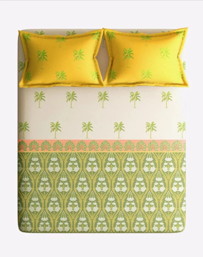 Super Soft Traditional Motifs Magnum Cotton King Size Bedsheet with 2 Pillow Covers - 300 Thread Count (Yellow & Green)