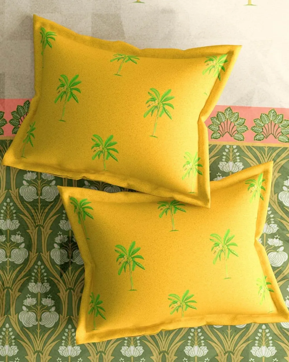 Super Soft Traditional Motifs Magnum Cotton King Size Bedsheet with 2 Pillow Covers - 300 Thread Count (Yellow & Green)
