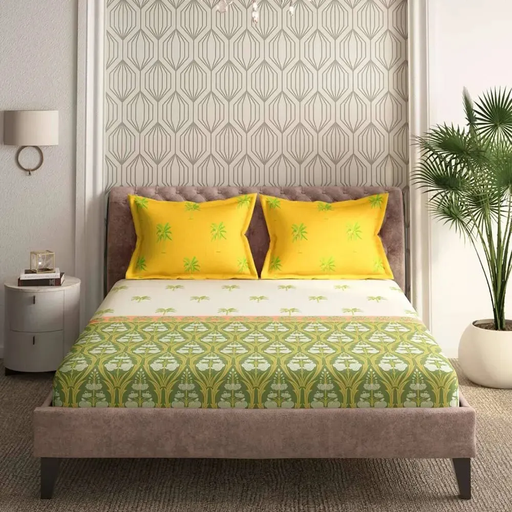Super Soft Traditional Motifs Magnum Cotton King Size Bedsheet with 2 Pillow Covers - 300 Thread Count (Yellow & Green)