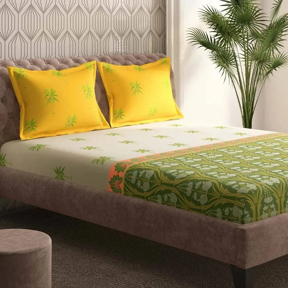 Super Soft Traditional Motifs Magnum Cotton King Size Bedsheet with 2 Pillow Covers - 300 Thread Count (Yellow & Green)