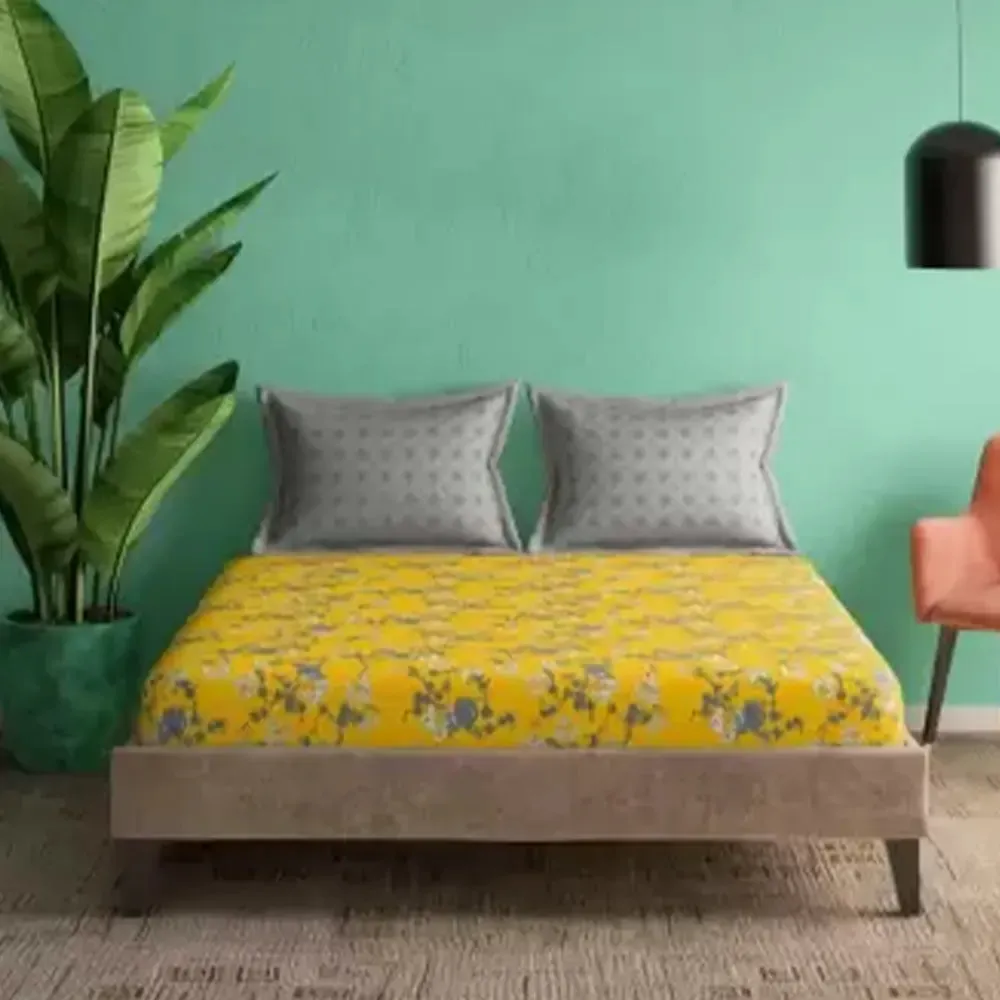 Superior-quality Floral Printed Magnum Cotton King Size Bedsheet with 2 Pillow Covers - 300 Thread Count (Yellow)