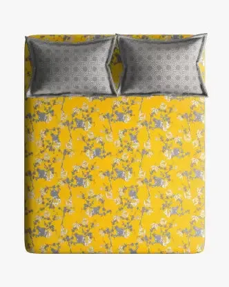 Superior-quality Floral Printed Magnum Cotton King Size Bedsheet with 2 Pillow Covers - 300 Thread Count (Yellow)