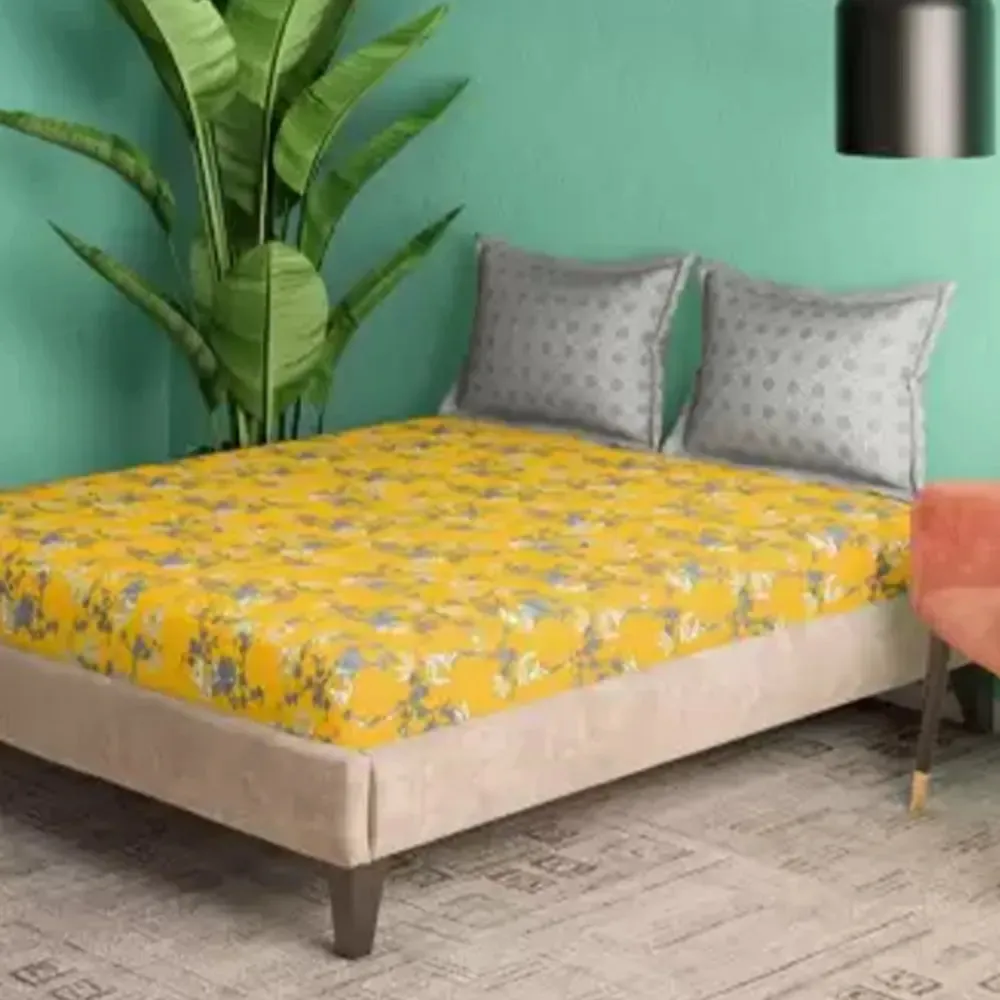 Superior-quality Floral Printed Magnum Cotton King Size Bedsheet with 2 Pillow Covers - 300 Thread Count (Yellow)