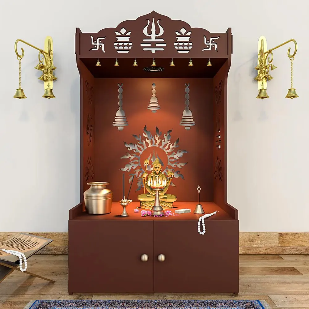 Surya Chakra MDF Wood Temple with Spacious Shelf &amp; Inbuilt Focus Light- Brown