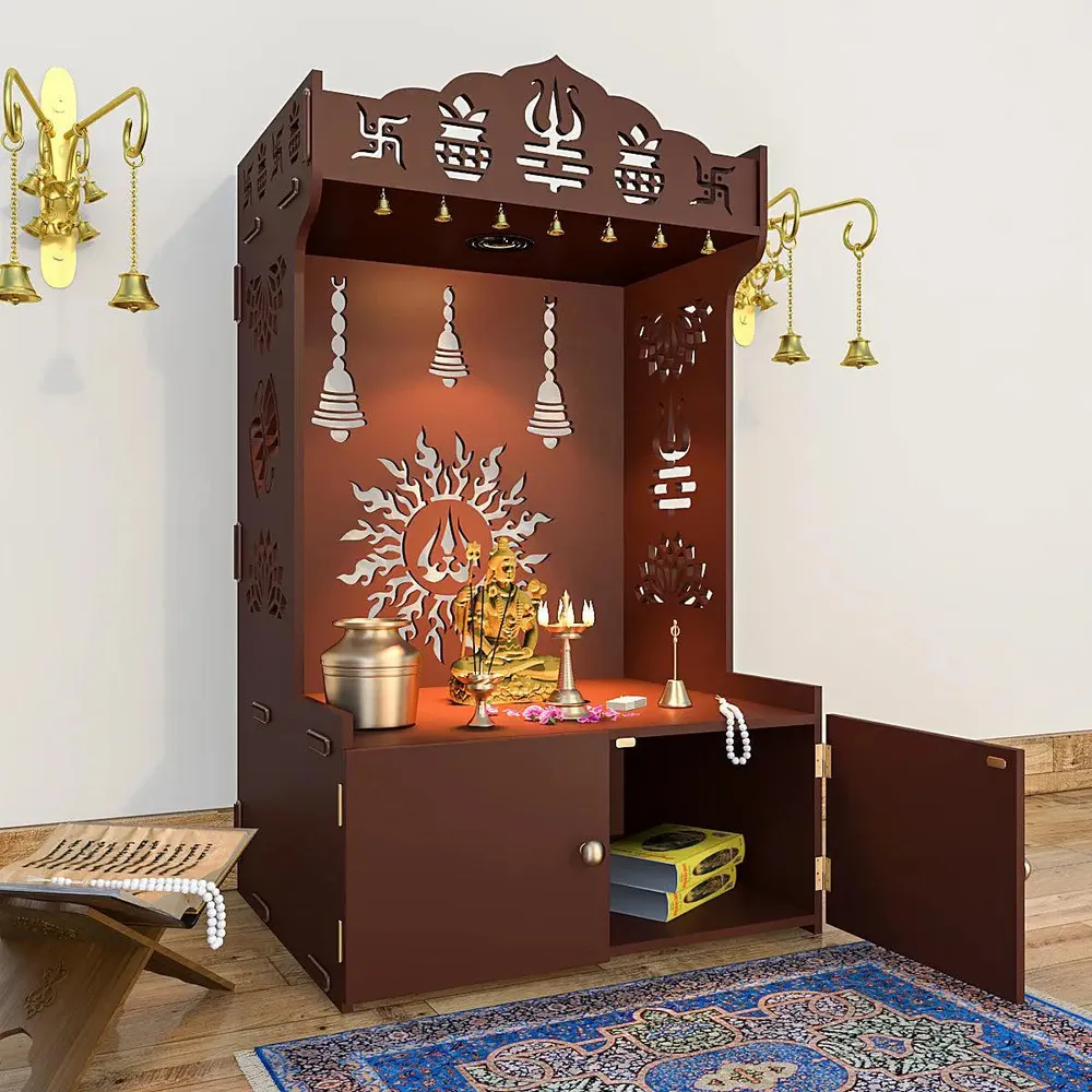 Surya Chakra MDF Wood Temple with Spacious Shelf &amp; Inbuilt Focus Light- Brown