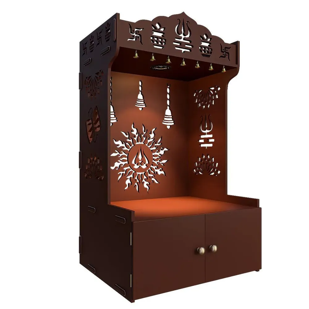 Surya Chakra MDF Wood Temple with Spacious Shelf &amp; Inbuilt Focus Light- Brown