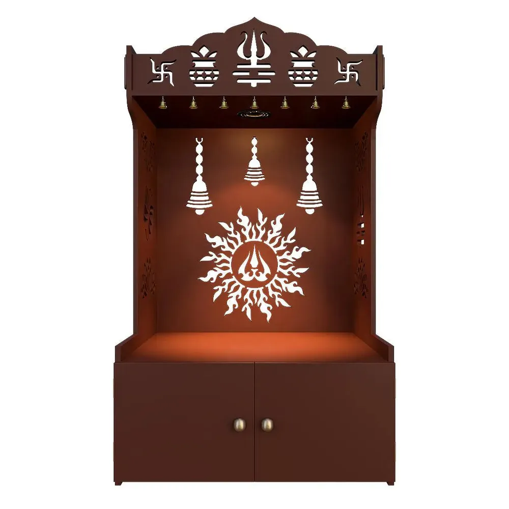 Surya Chakra MDF Wood Temple with Spacious Shelf &amp; Inbuilt Focus Light- Brown