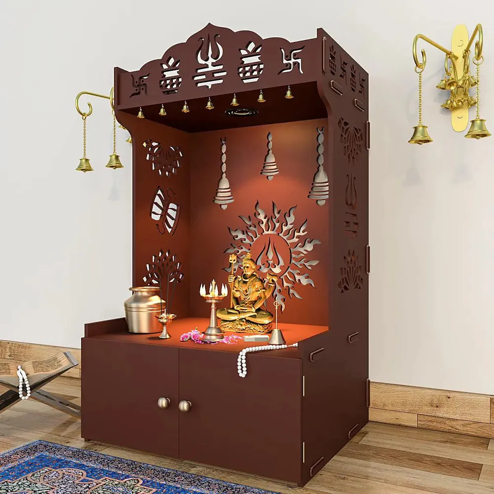 Surya Chakra MDF Wood Temple with Spacious Shelf &amp; Inbuilt Focus Light- Brown