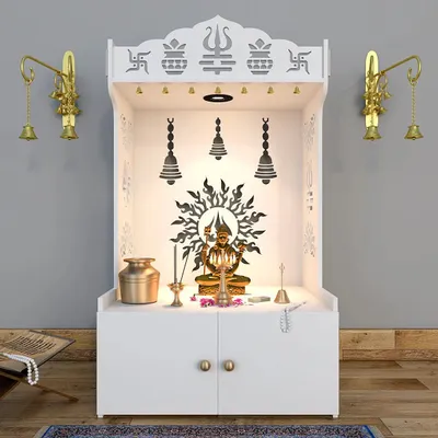 Surya Chakra MDF Wood Temple with Spacious Shelf &amp; Inbuilt Focus Light- White