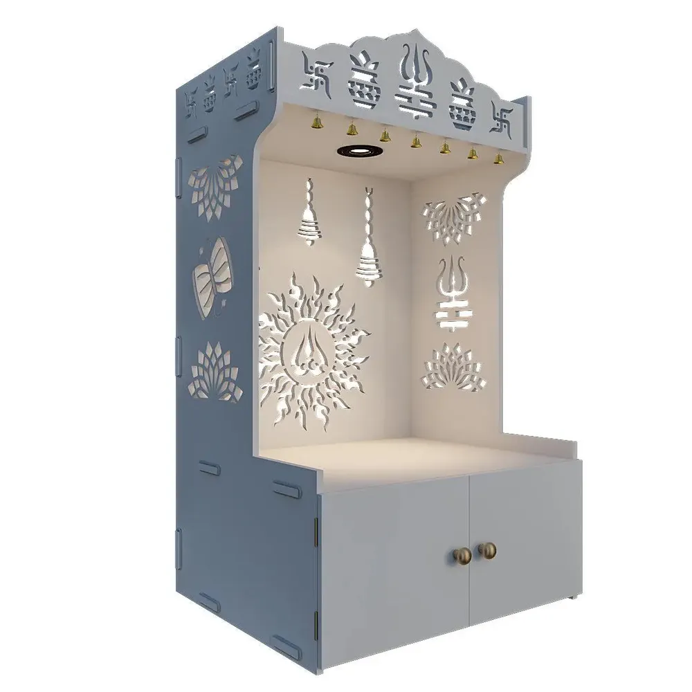 Surya Chakra MDF Wood Temple with Spacious Shelf &amp; Inbuilt Focus Light- White