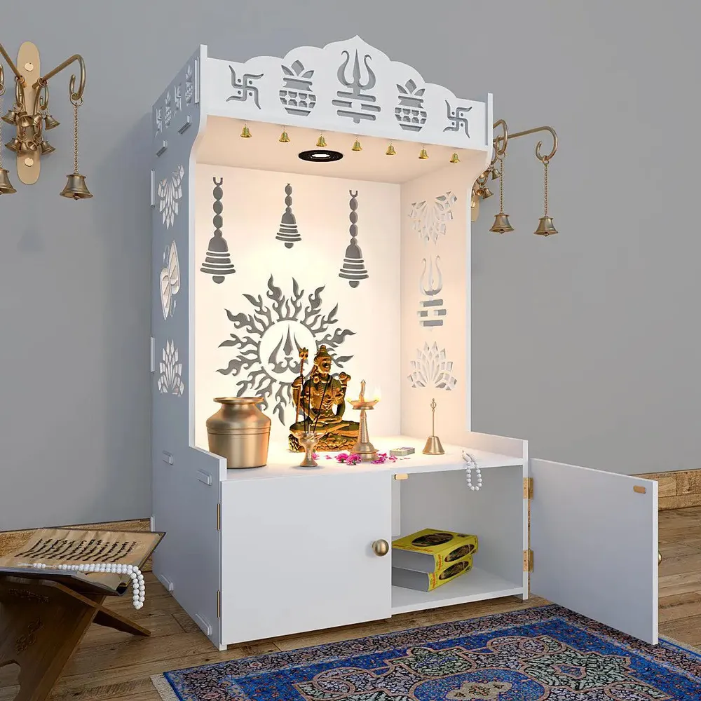 Surya Chakra MDF Wood Temple with Spacious Shelf &amp; Inbuilt Focus Light- White