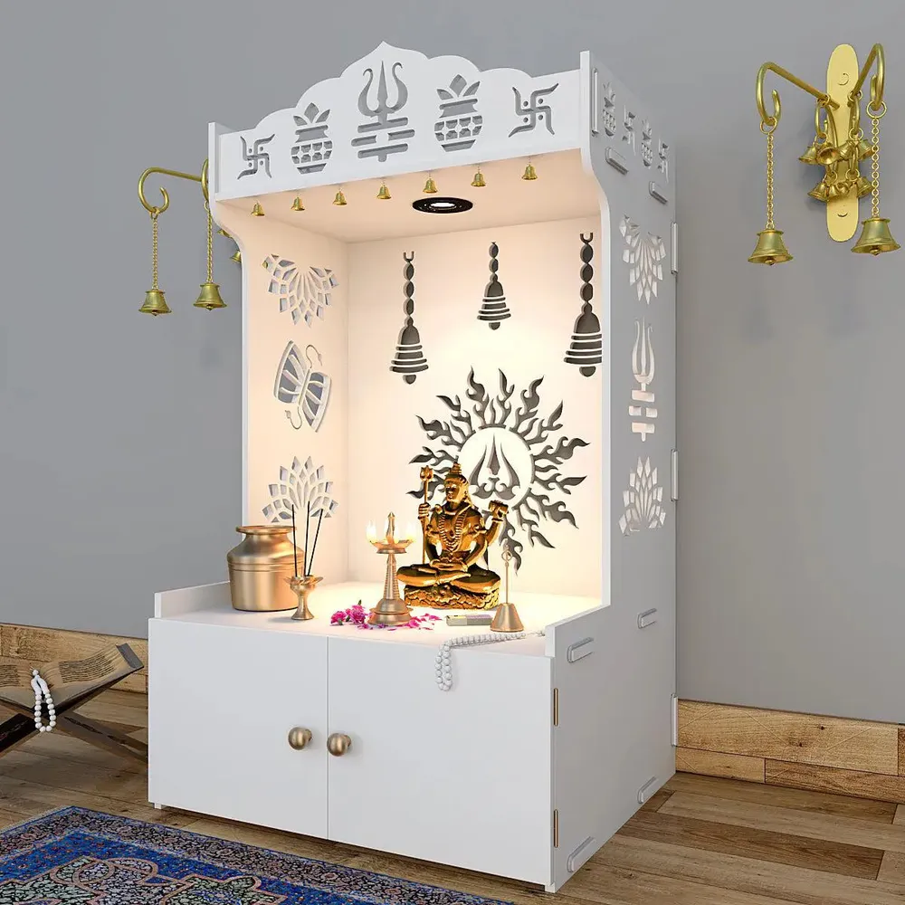 Surya Chakra MDF Wood Temple with Spacious Shelf &amp; Inbuilt Focus Light- White