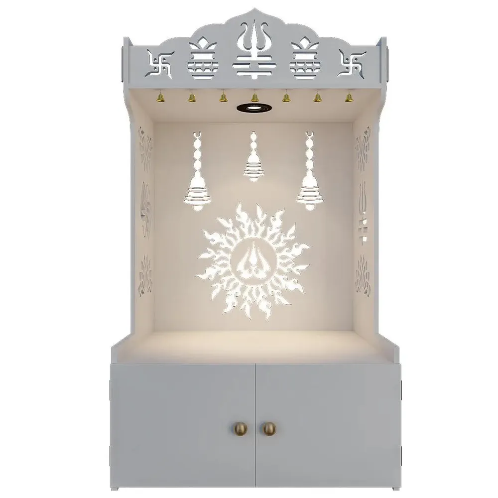Surya Chakra MDF Wood Temple with Spacious Shelf &amp; Inbuilt Focus Light- White