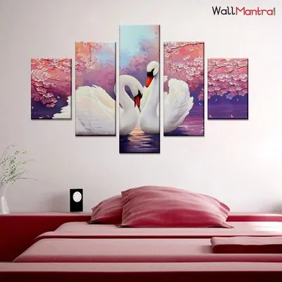 Swans Wooden Multicolored 5 Pieces Framed Wall Painting