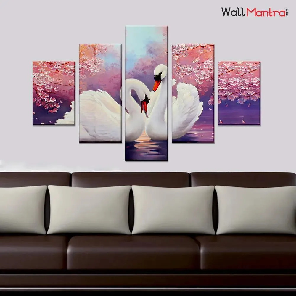 Swans Wooden Multicolored 5 Pieces Framed Wall Painting