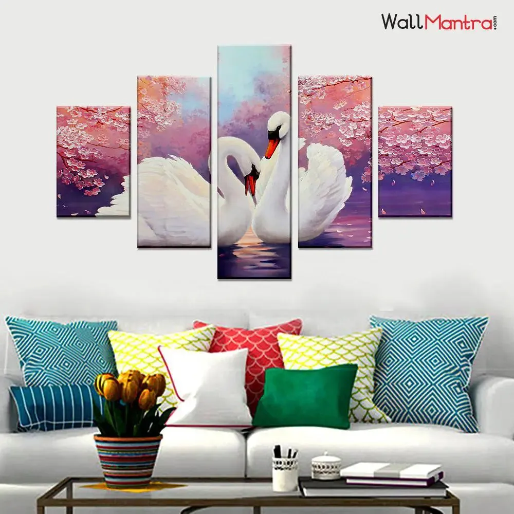 Swans Wooden Multicolored 5 Pieces Framed Wall Painting