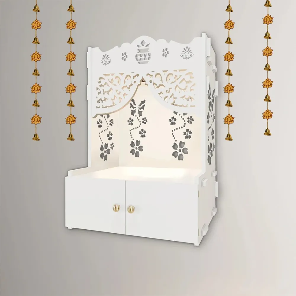 Swastika Kalash Symbol Of Hindu Religious White Wooden Wall Temple For Home With Inbuilt Focus Lights &amp; Spacious Shelf