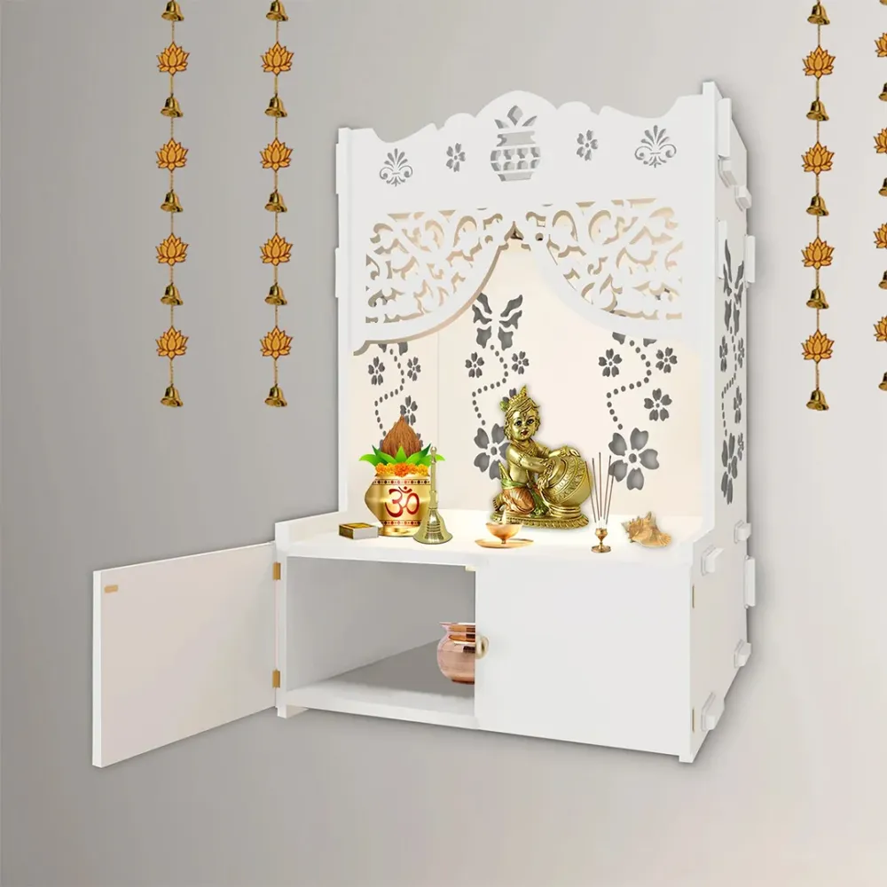 Swastika Kalash Symbol Of Hindu Religious White Wooden Wall Temple For Home With Inbuilt Focus Lights &amp; Spacious Shelf