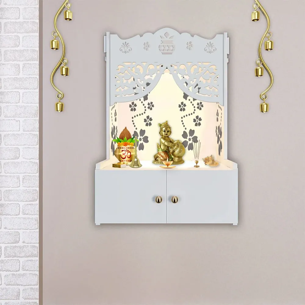 Swastika Kalash Symbol Of Hindu Religious White Wooden Wall Temple For Home With Inbuilt Focus Lights &amp; Spacious Shelf