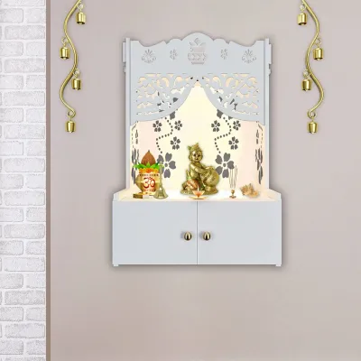 Swastika Kalash Symbol Of Hindu Religious White Wooden Wall Temple For Home With Inbuilt Focus Lights &amp; Spacious Shelf