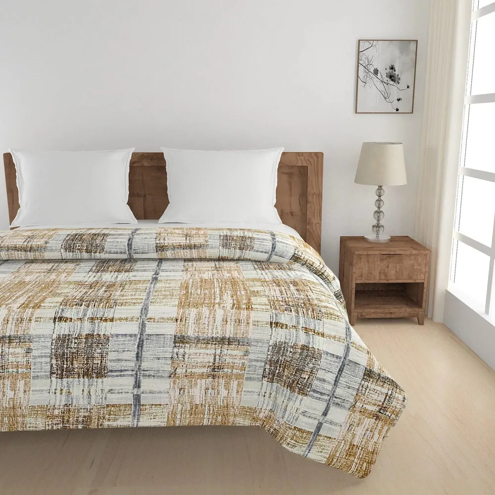 Swayam Abstract Checkered Brown & Yellow Blended Cotton Double Bed Comforter