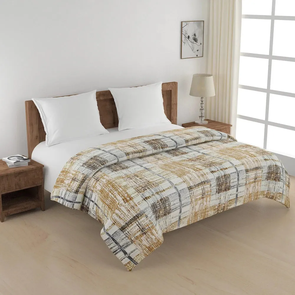 Swayam Abstract Checkered Brown & Yellow Blended Cotton Double Bed Comforter