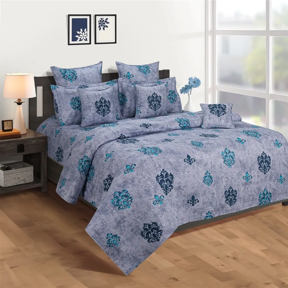 Swayam Aegean Block Print Zinnia Double Bedsheet with 2 pillow covers Double Bedsheet (90 x 108 Inches)