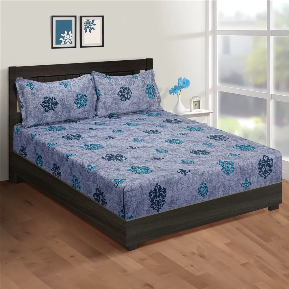 Swayam Aegean Block Print Zinnia Double Bedsheet with 2 pillow covers Double Bedsheet (90 x 108 Inches)