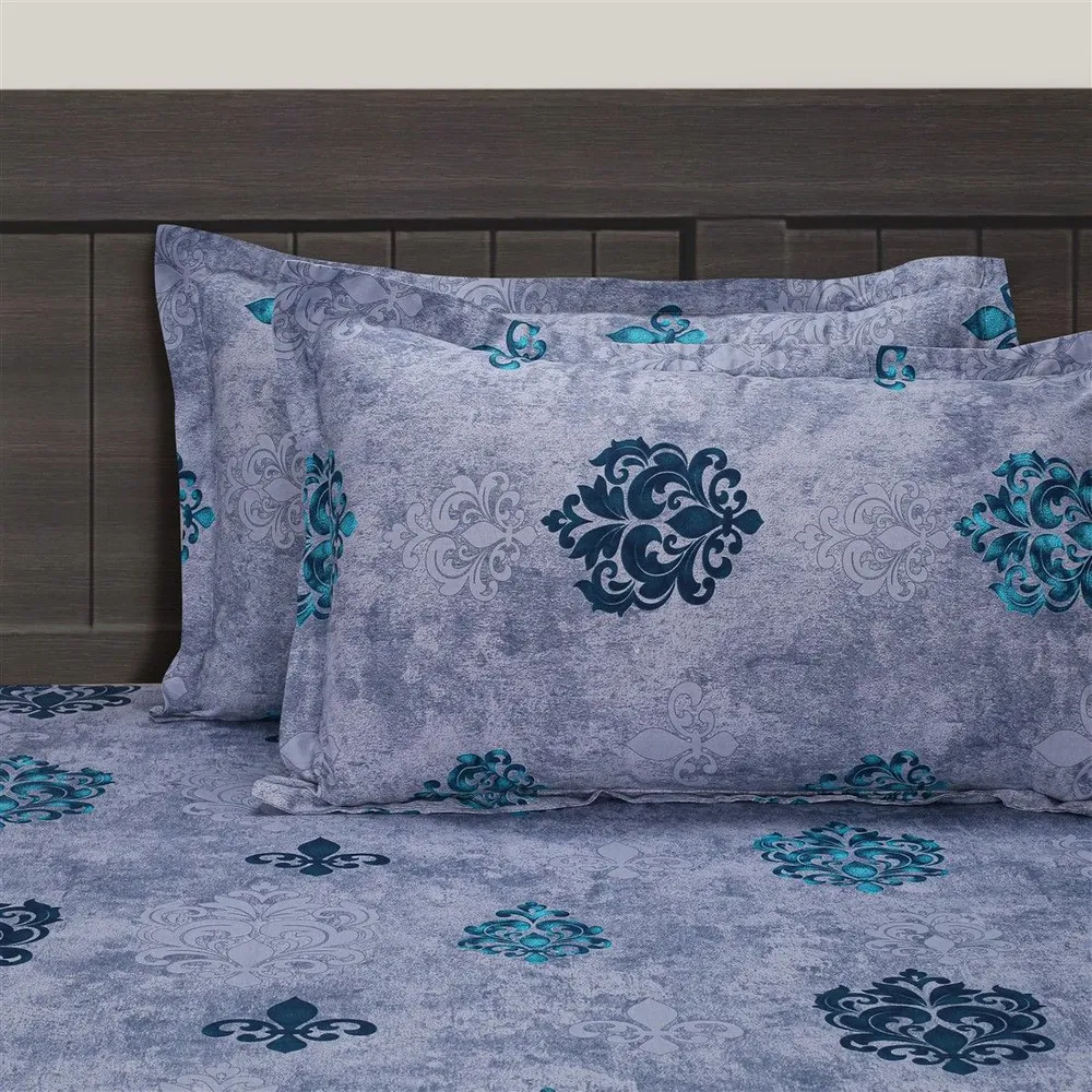 Swayam Aegean Block Print Zinnia Double Bedsheet with 2 pillow covers Double Bedsheet (90 x 108 Inches)