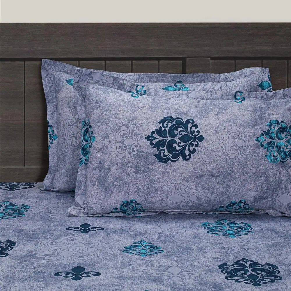 Swayam Aegean Block Print Zinnia Fitted Double Bedsheet