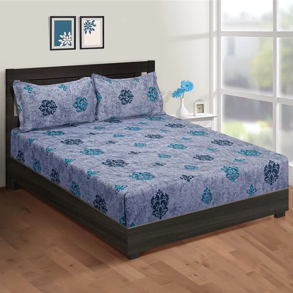Swayam Aegean Block Print Zinnia Fitted Double Bedsheet