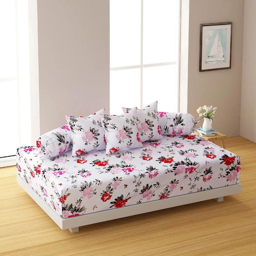 Swayam Ananda 100% Pure Cotton Pink& White Blooming Floral Print Diwan Set, Pack of 6
