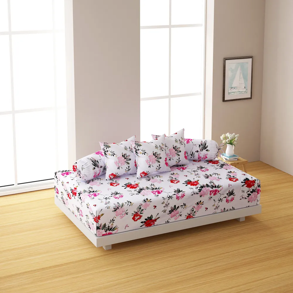 Swayam Ananda 100% Pure Cotton Pink& White Blooming Floral Print Diwan Set, Pack of 6
