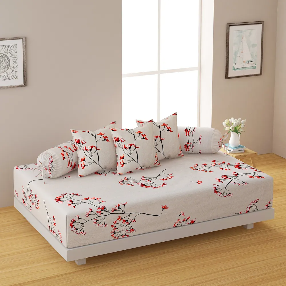 Swayam Ananda 100% Pure Cotton Red Beige Floral Print Diwan Set, Pack of 6