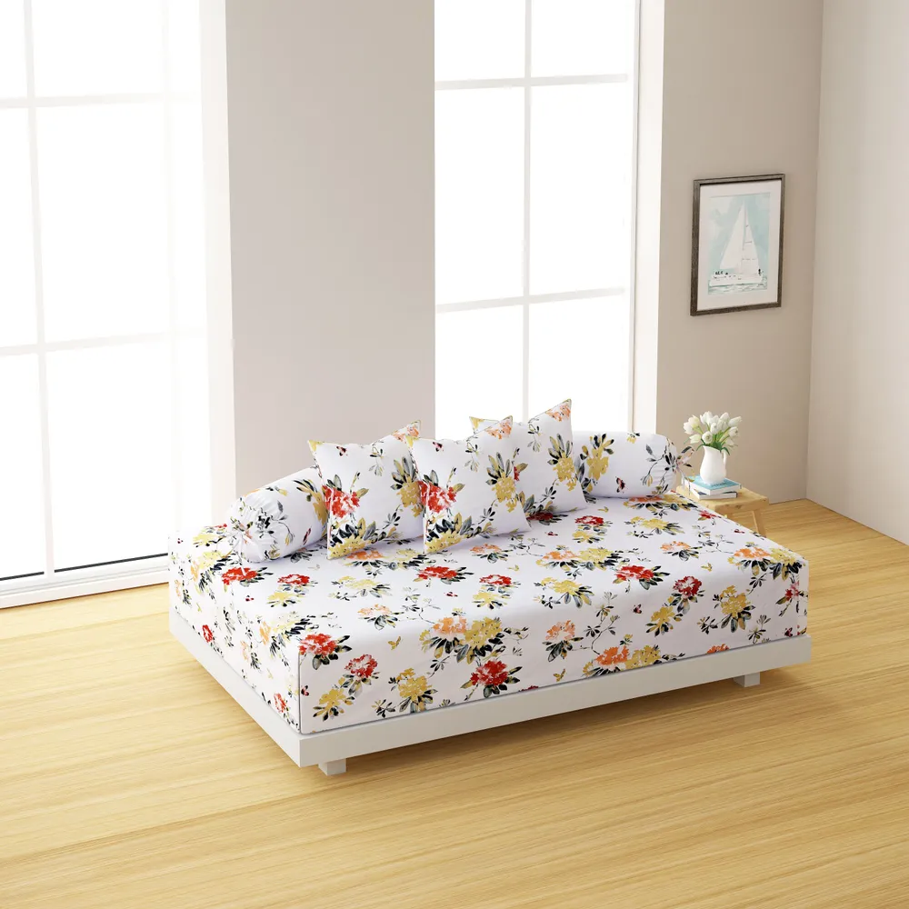 Swayam Ananda 100% Pure Cotton White& Orange Blooming Floral Print Diwan Set, Pack of 6