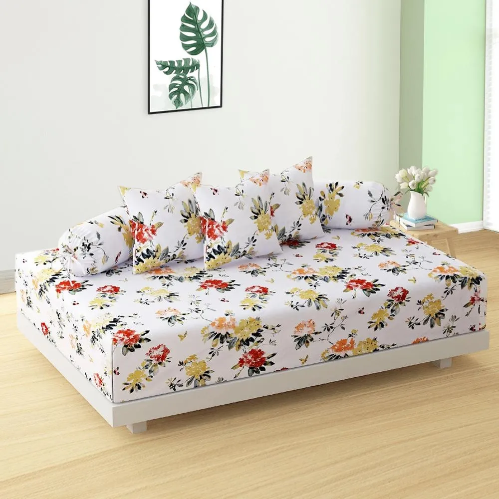 Swayam Ananda 100% Pure Cotton White& Orange Blooming Floral Print Diwan Set, Pack of 6