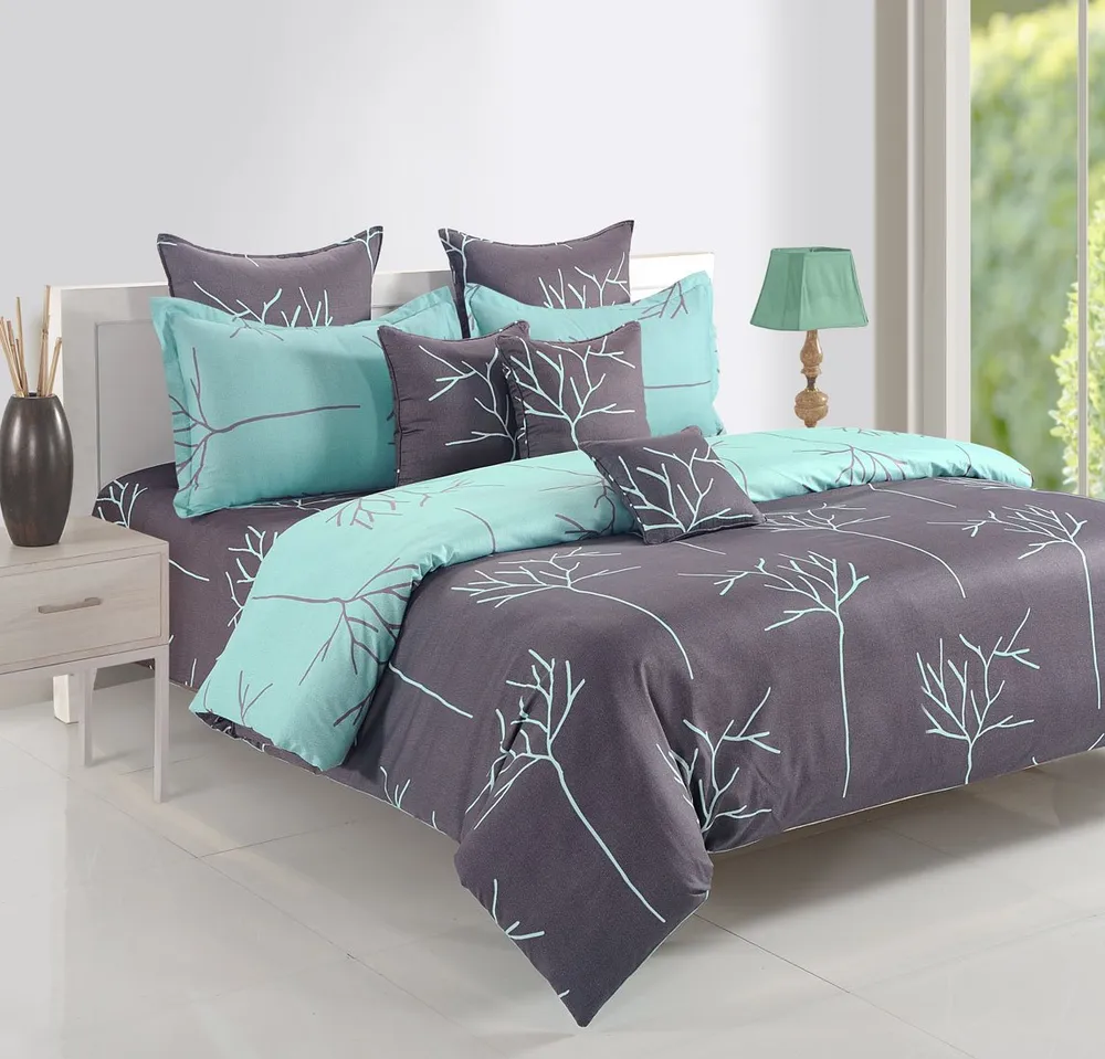 Swayam Ananda Grey & Green Abstract Cotton Fitted Double Bedsheet