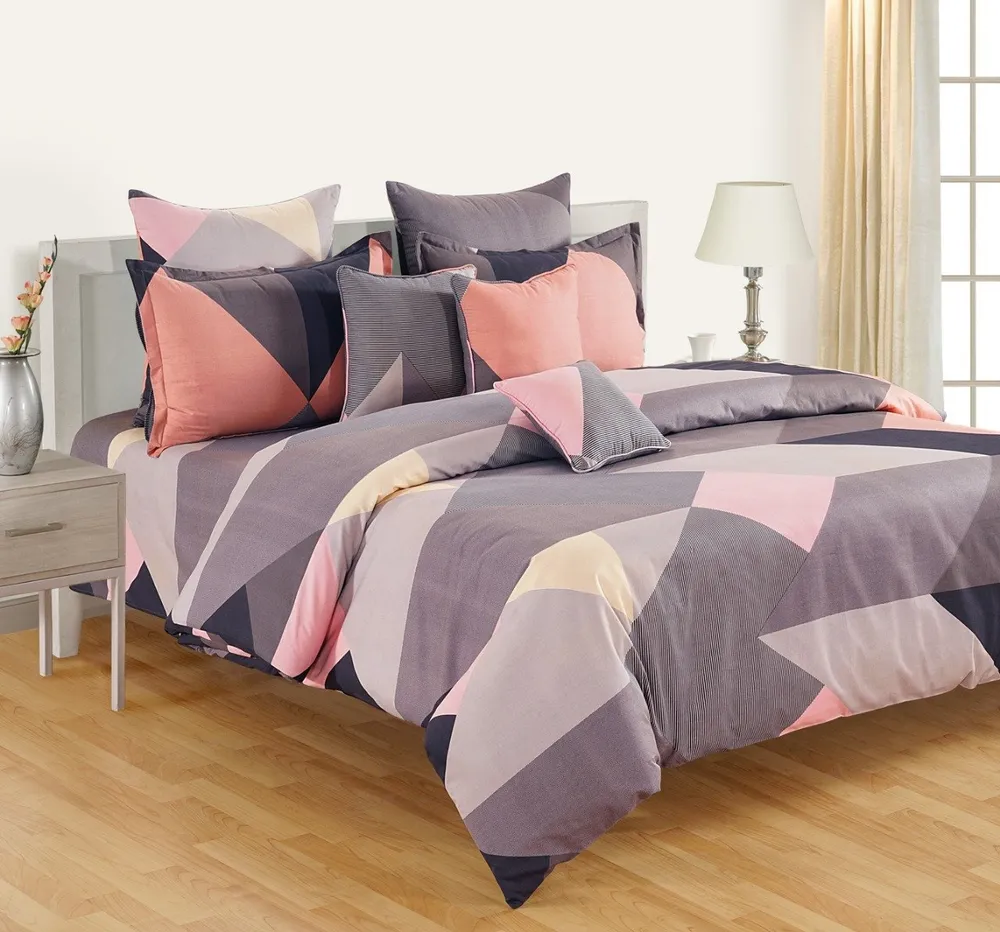 Swayam Ananda Maroon & Grey Geometric Cotton Fitted Double Bedsheet