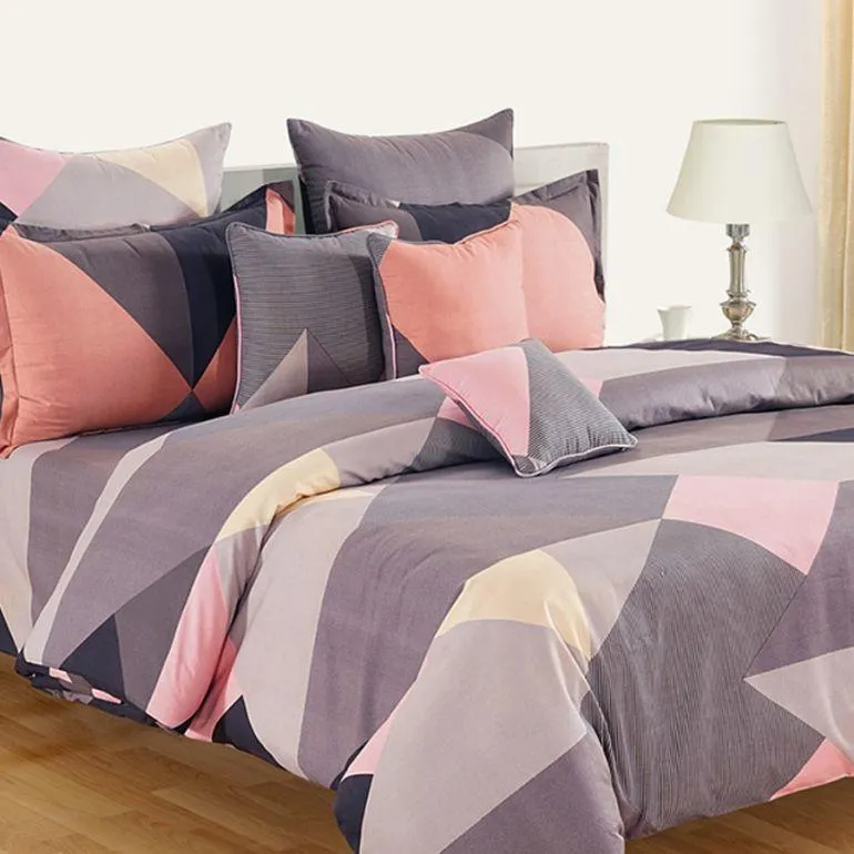Swayam Ananda Maroon & Grey Geometric Cotton Fitted Double Bedsheet